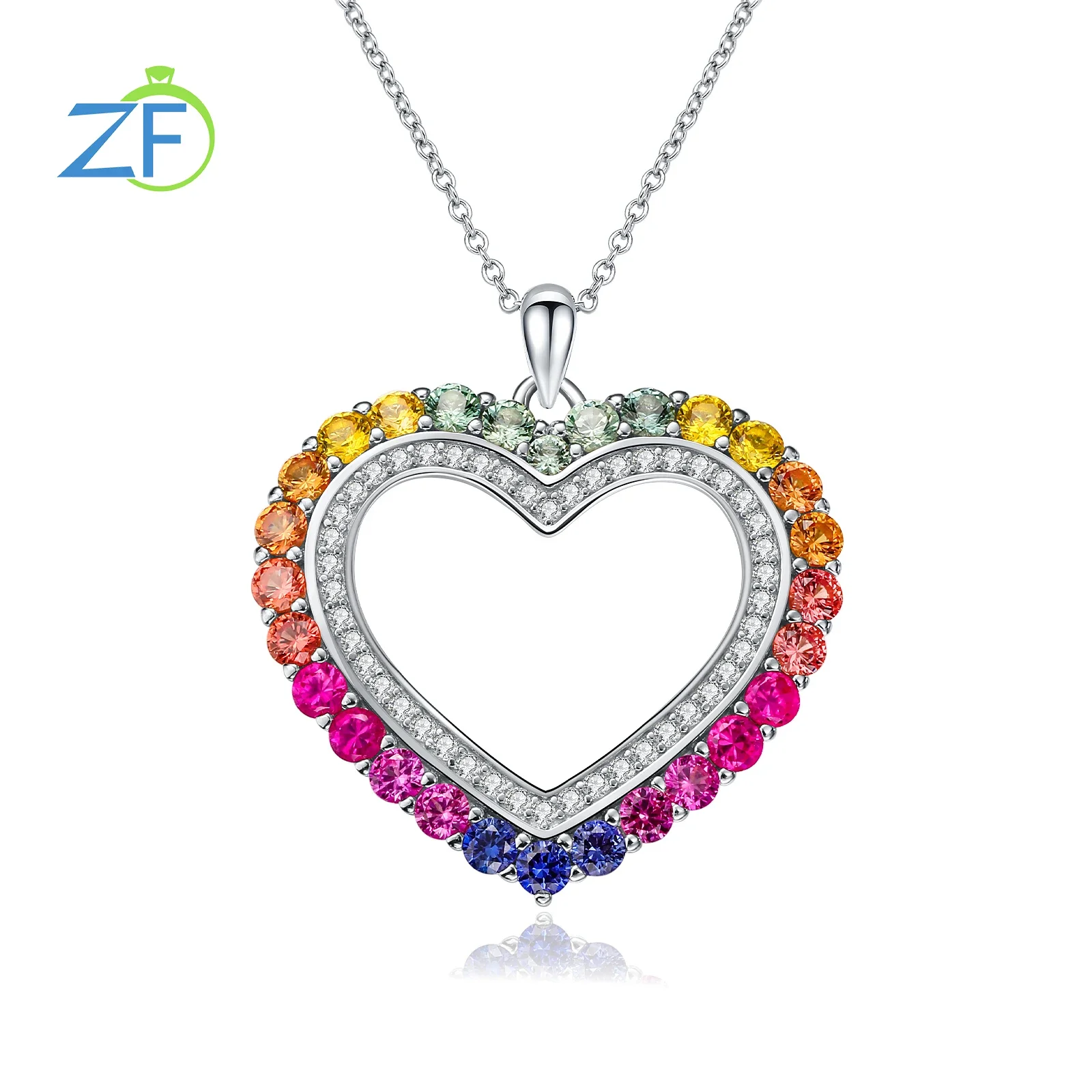 GZ ZONGFA Rainbow Corundum 27x29mm Hollow Out Heart Shape Pendant Necklace 925 Sterling Silver Love for Couple Mother Women