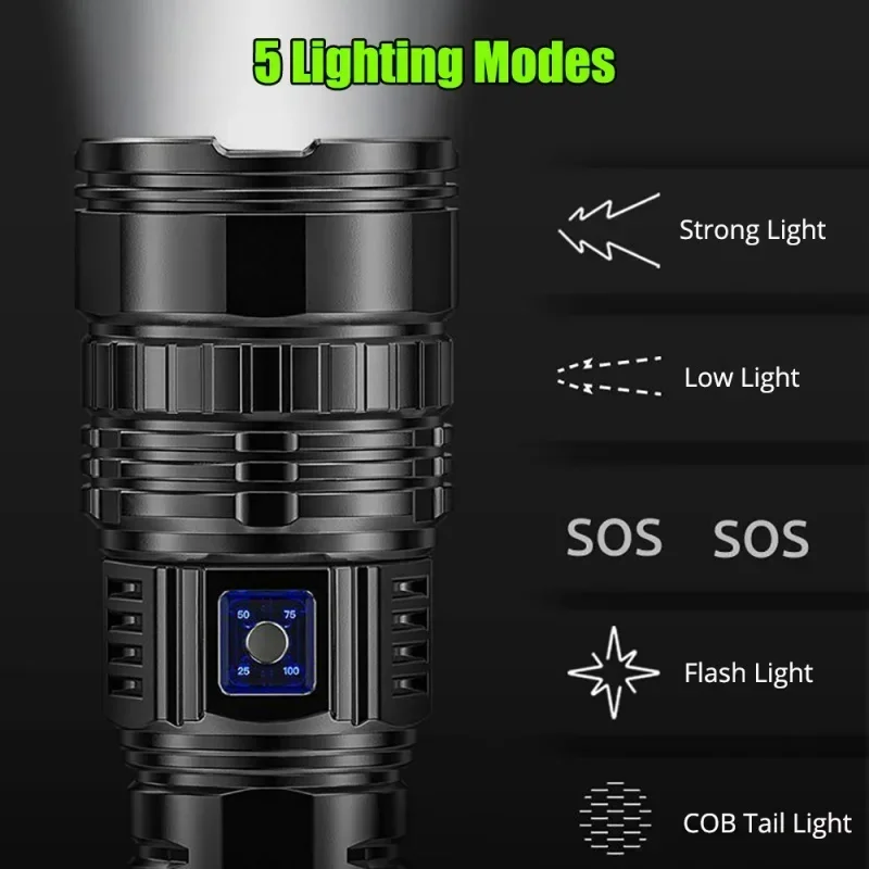 Type-C Rechargeqable LED Flashlight 15000W Lantern Powerful 9000M Long Shot Torch Zoomable Spotlight 15000mAH Power Bank Light