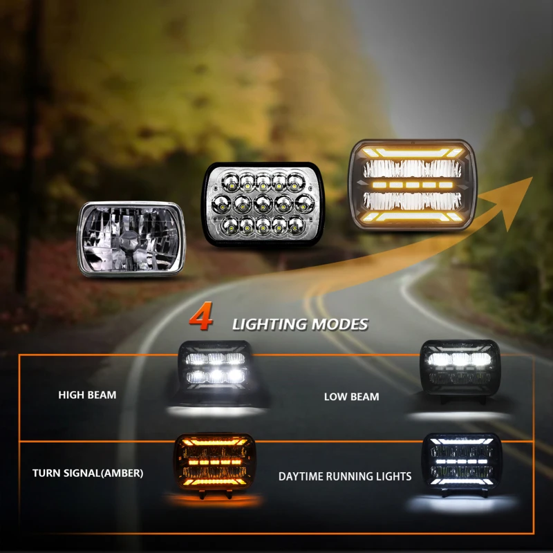 7x6 Square LED Headlamp 1Pair with Daytime Running Lights Turn Signal Light High /Low Beam 4 Luminous Modes H4 Plug headlights