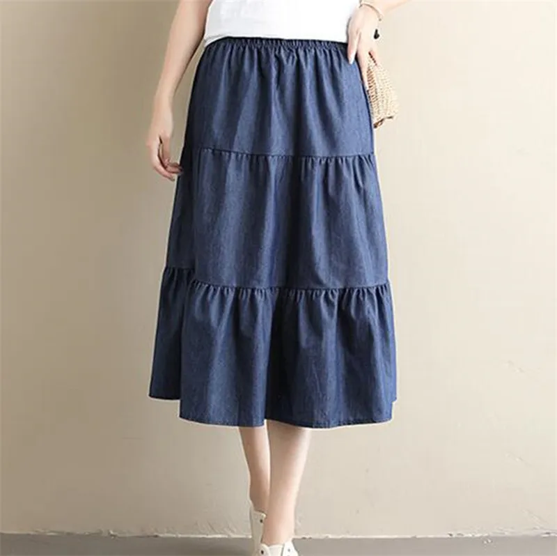 2026 Spring Summer Ruffled pleated jeans skirt Women\' long Skirt High Waist Denim Skirts black blue jeans skirts vintage clothes