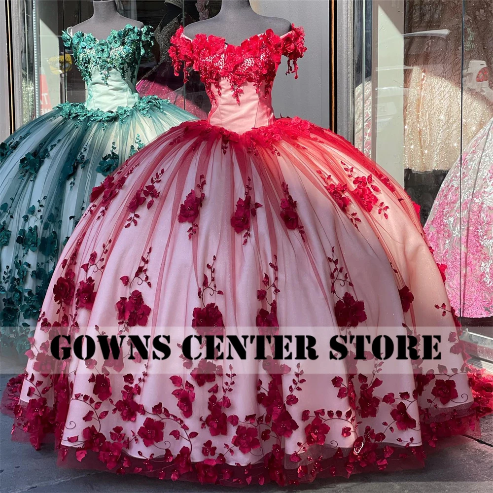 Vestidos Rojos de quinceañera con hombros descubiertos, flores en 3D, dulces 16 vestidos de baile, vestidos de cumpleaños Vintage con cuentas