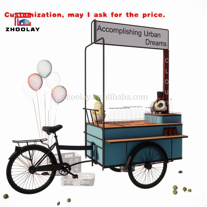 custom.Iron Flower Food Cart Bicycles Up Shop Candy Cart Children's Park Trolley Beverage Coffee Tea Handcart