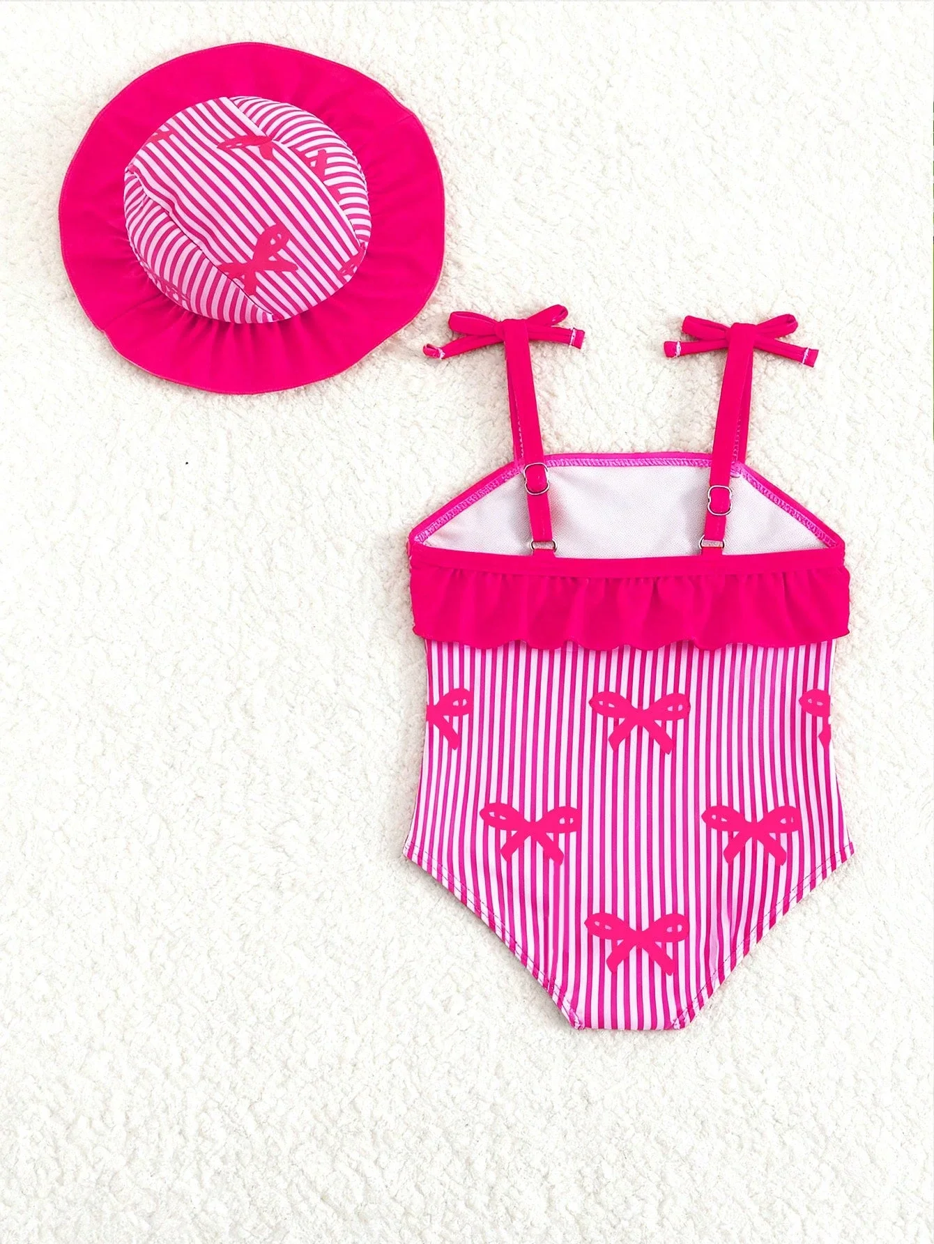 

Pink Striped One-Piece Swimsuit With Bow Print And Hat Set