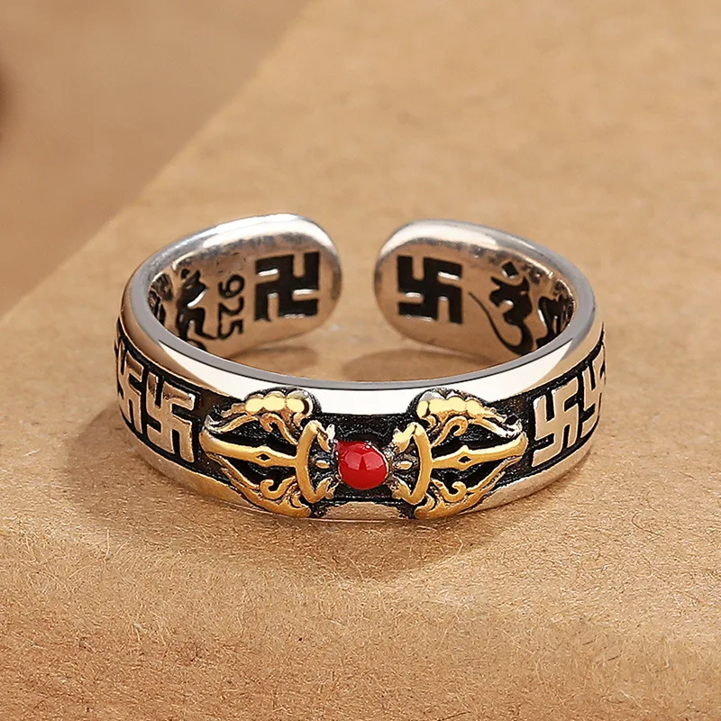 Silver Plated Buddhist Sutra Vajra Cross Open Ring Retro Religious Fashion Men's and Women's Adjustable Ring Charm Jewelry