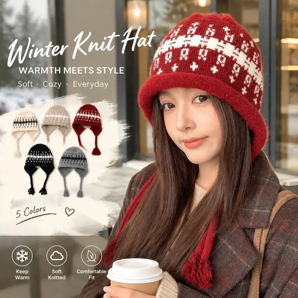 Durable Windproof Knit Hat Warm Knit Tassel Tie Tassel Beanie Vintage Pattern Stretch Fit Winter Hat Gift