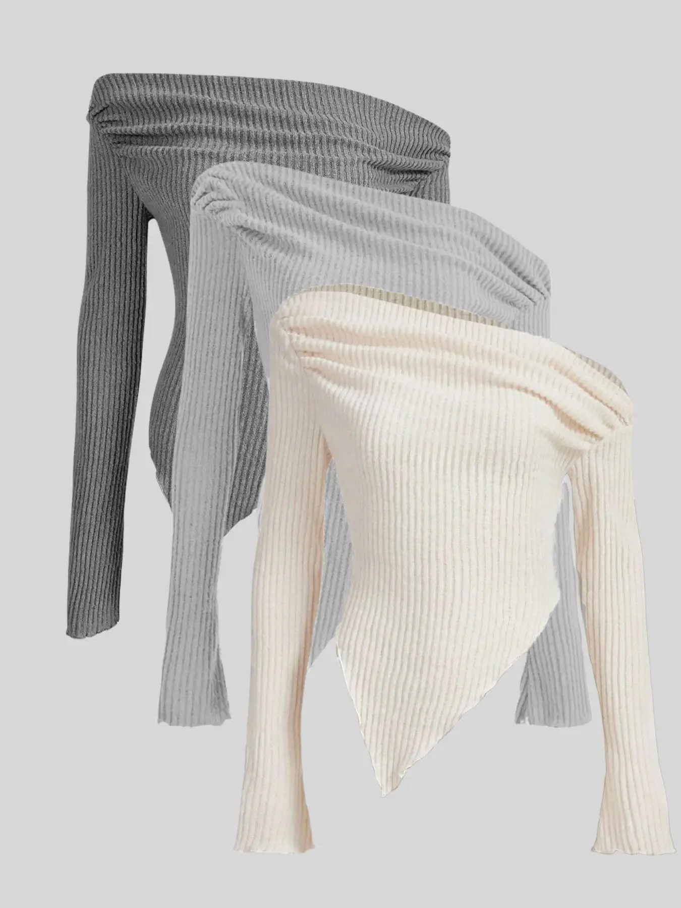 Nueva moda de otoño e invierno, color sólido, superventas, cuello único, camiseta de manga larga para mujer, conjunto de tres piezas