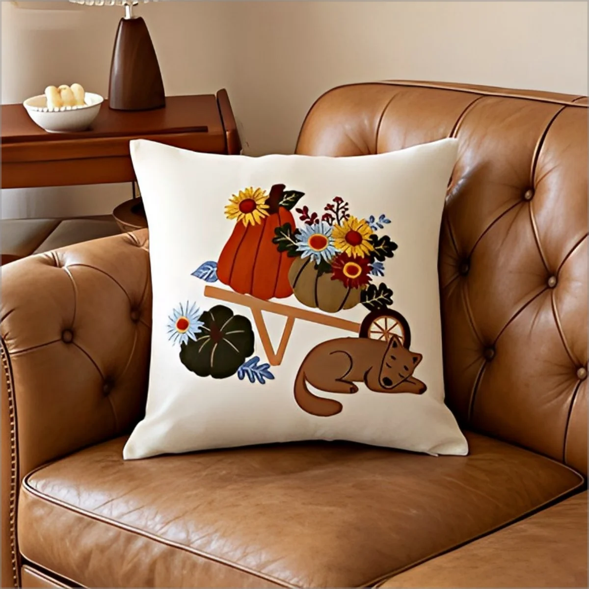 Fall Pumpkin Cat Throw Pillow Cover Harvest  Floral Decorative Cushion Case for Home Decor Gift