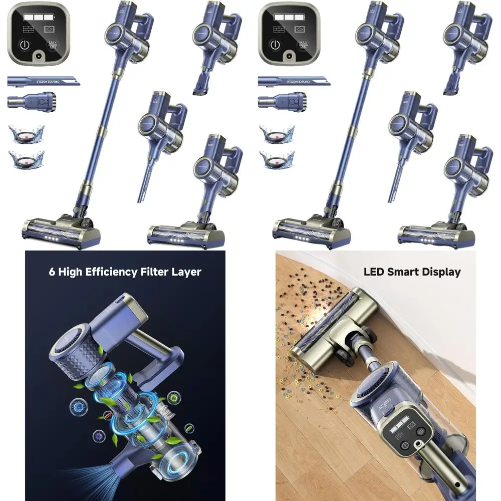 Potente aspiradora inalámbrica 6 en 1, succión de 46KPA, batería desmontable, filtración de 6 etapas, Ideal para el hogar, depilación de mascotas