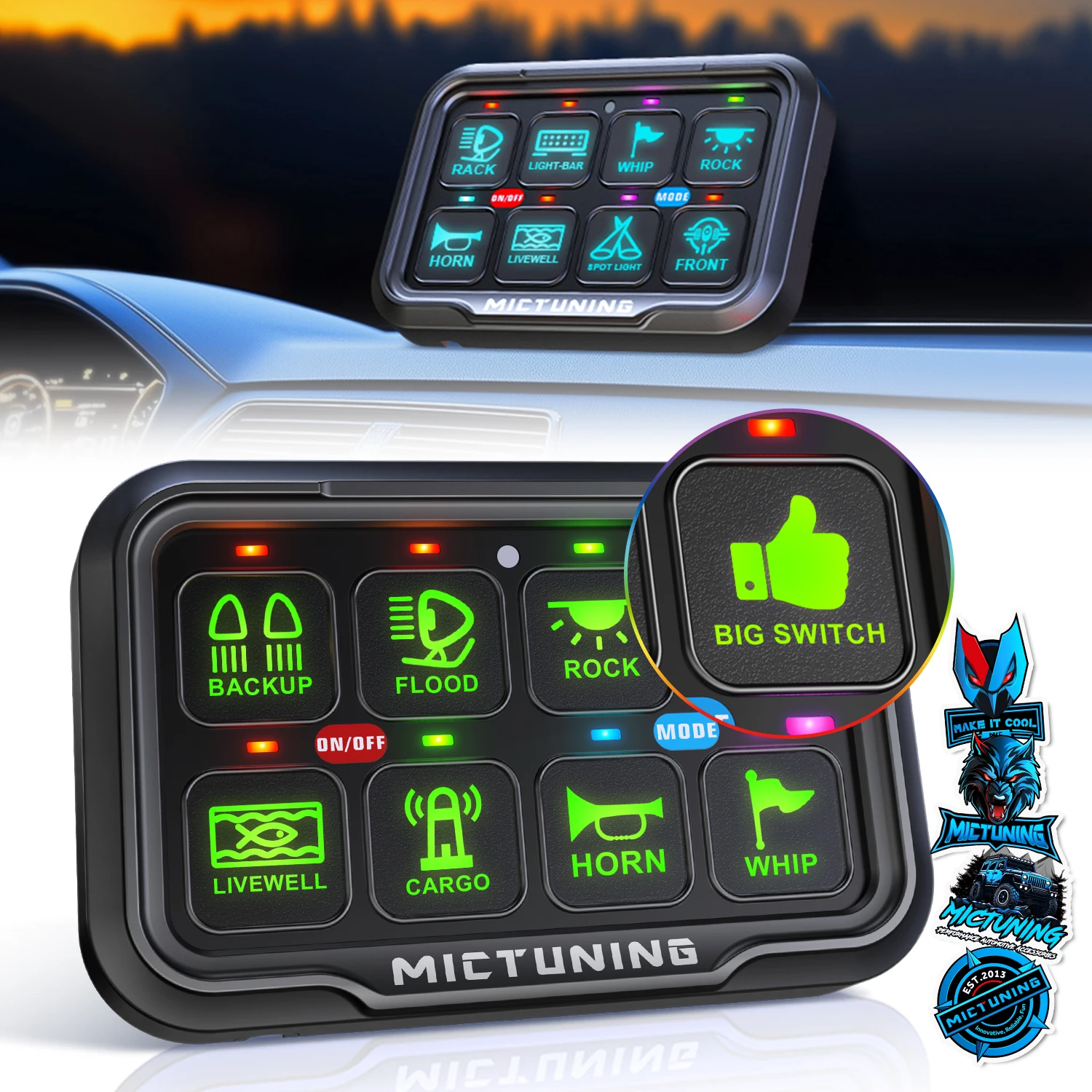 MICTUNING 6/8 Gang P8-Ultra Switch Panel,Universal Circuit Control Relay System Box,Multifunction Control Panel For Car Pickup