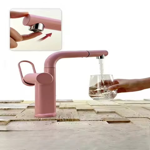 Basin Faucet Pink Pull Out Swivel Hot Cold Mixer Anti-Splash Water Saving Bathroom Vanity Sink Tap Deck Mounted Under Counter