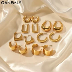 GANEMLY 316L Stainless Steel Geometric Glossy Hoop Earrings For Women Fashion 18K Gold Plated Ear Buckle Waterproof Jewelry Gift