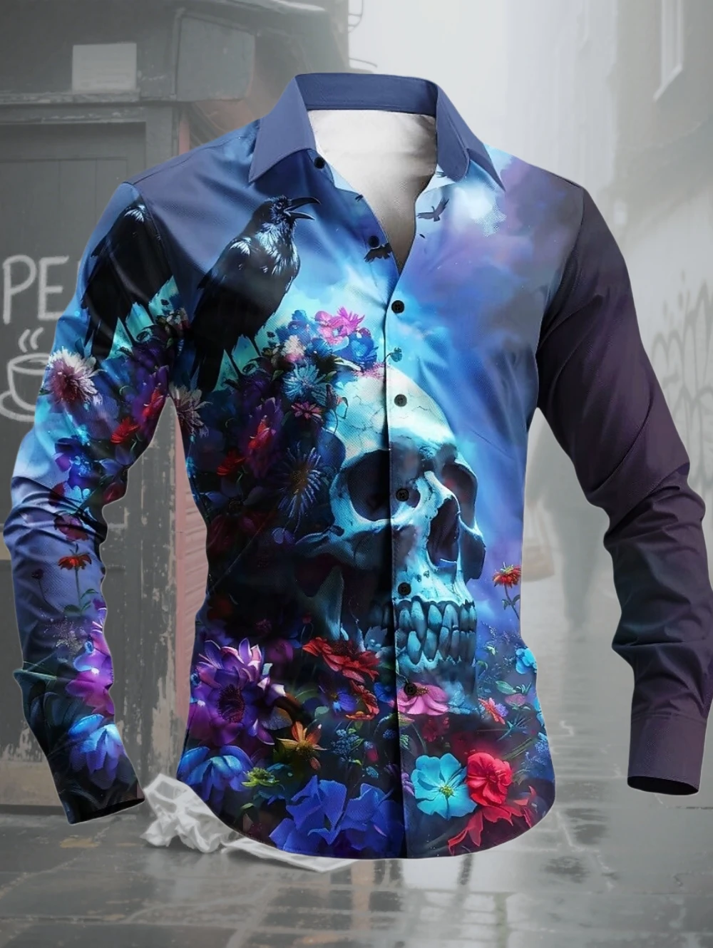 2026 Men's Shirt Gothic Skull Shirt Button up Long Sleeve Shirt Dark Punk Gothic Style Streetwear Y2k Top Fashion Men's Clothing