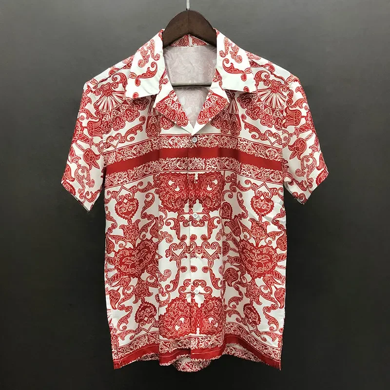 2024 Summer Hip Hop Plant Print Beach Shirts Men Harajuku Color Contrast Casual Short Sleeve Button Down Shirt  Hawaiian Shirt