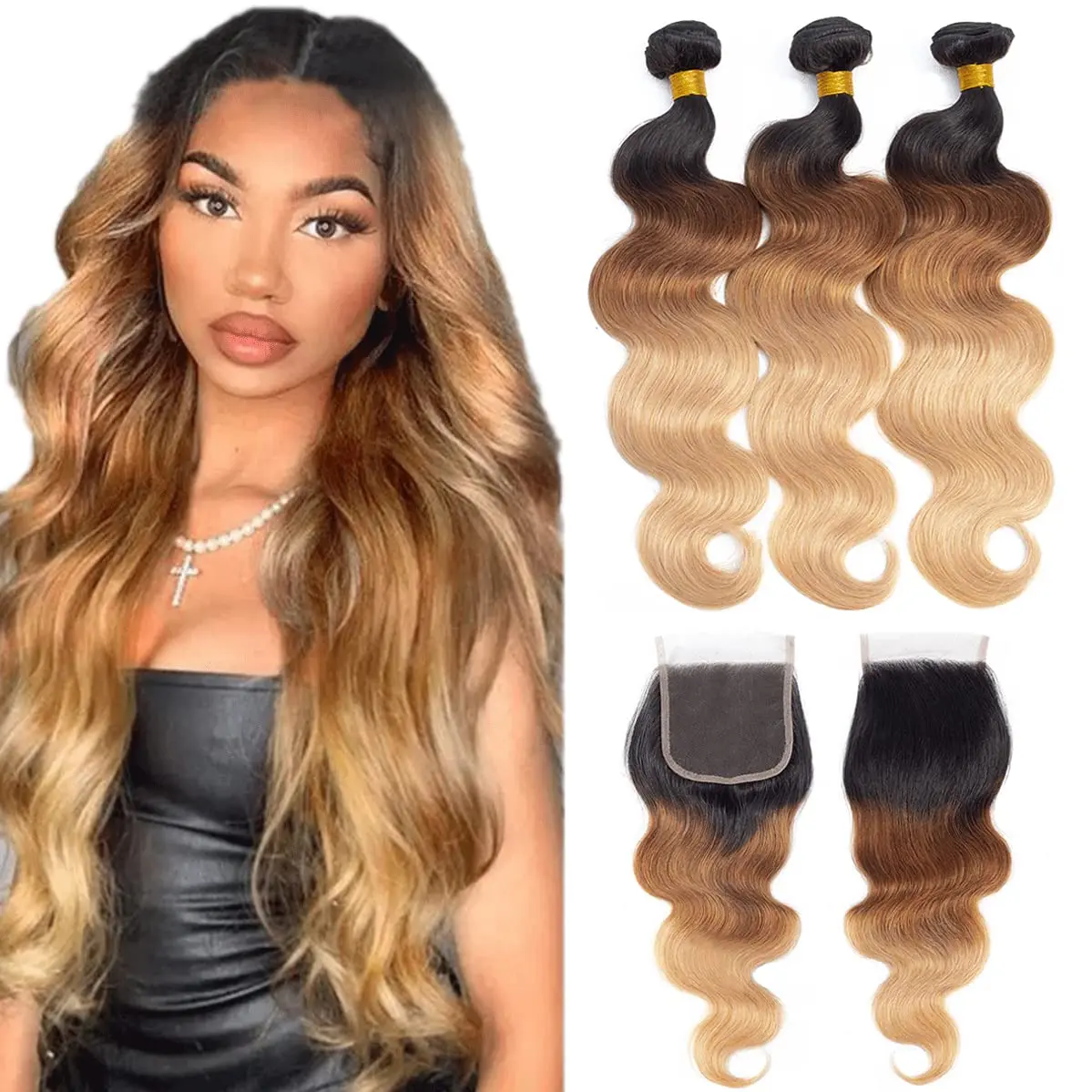 

Ombre Brazilian Human Hair Bundles with HD Lace Closure Colored Body Wave 3/4 Bundles With Closure Hair Extensions For Women