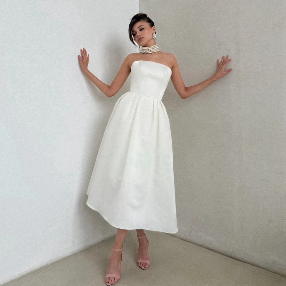 

Elegant White Strapless Midi Party Dress Simple Satin Women's Special Occasions Dress Puffy Ruffles Taffeta Evening Prom Gowns