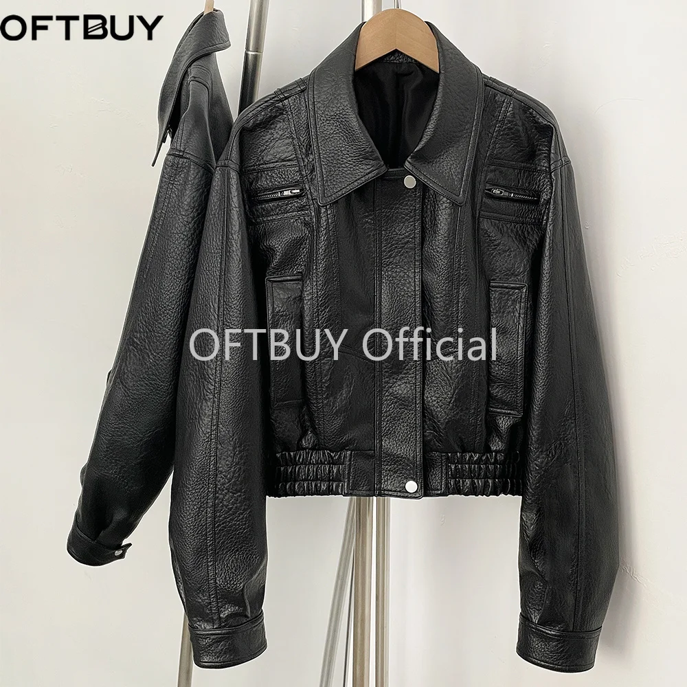 OFTBUY Damen Schwarze Kunstleder-Cropped-Aviatorjacke, Strukturierter PU-Mantel mit Elastischem Saum, Neue Vintage-Freizeitjacke – Detail 32