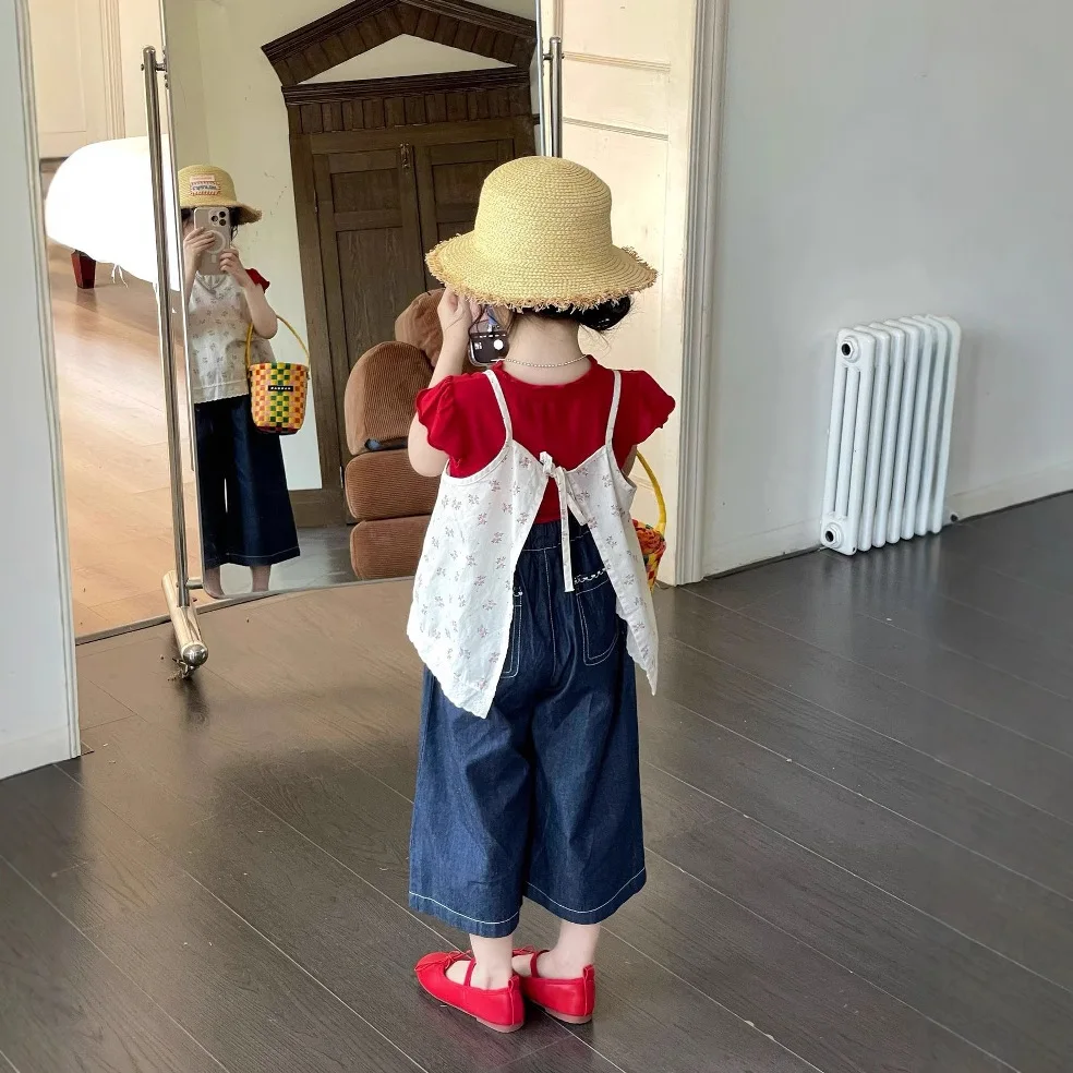 

2025 Girls' Summer Outfit New Countryside Style Floral Lace Camisole Cover T-shirt Girls' Wide Leg Jeans Set Stylish