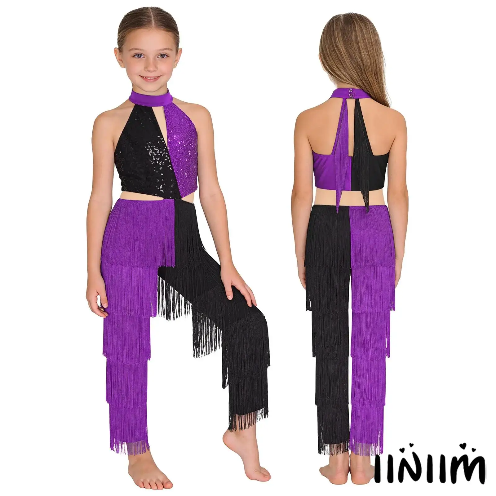 

Girls Latin Jazz Dance Competition Costume Shiny Sequin Tassel Color Block Gymnastics Jumpsuit Bodysuit for Disco Ballroom Dance