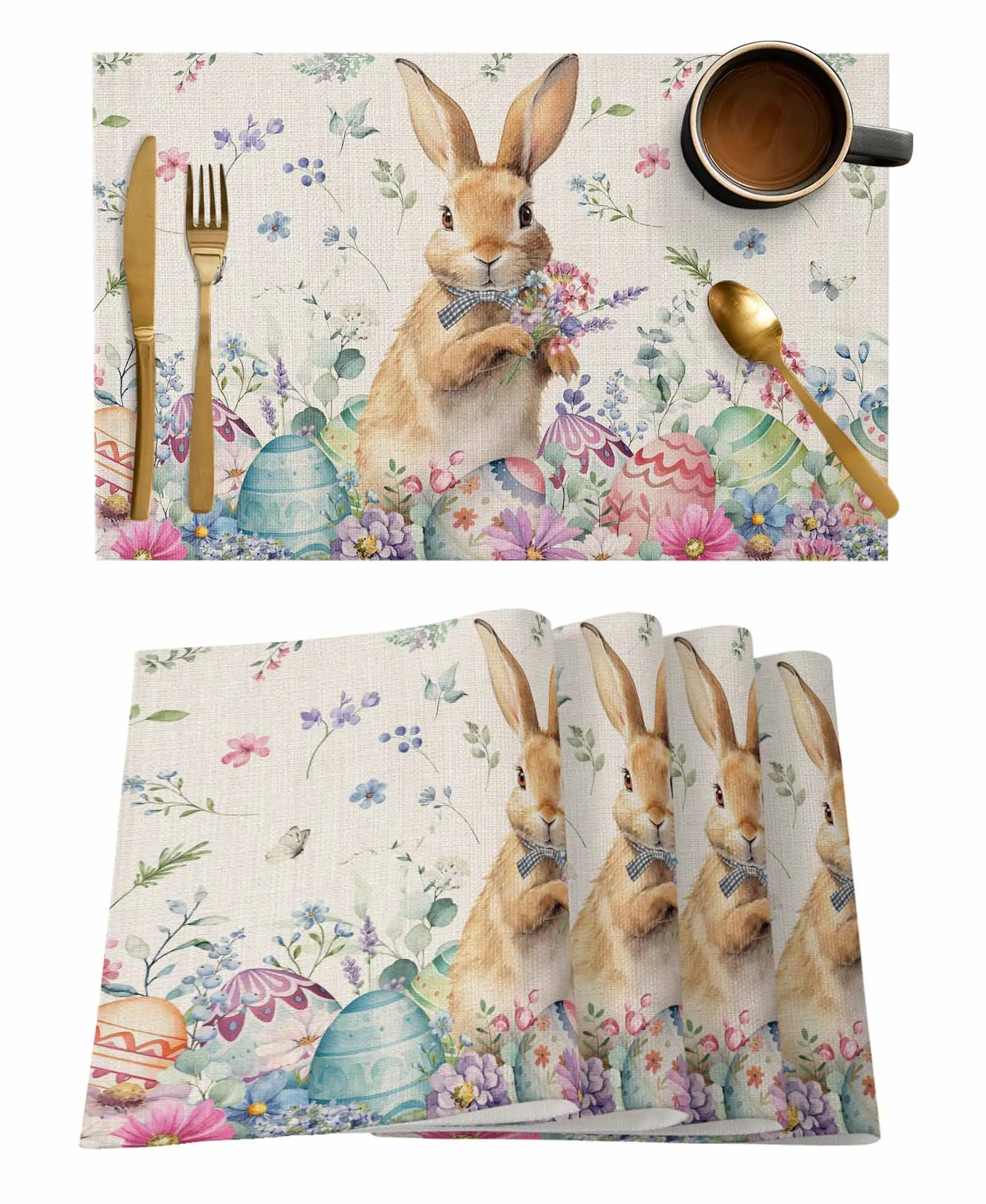 Easter Spring Egg Rabbit Kitchen Dining Table Decor Accessories 4/6pcs Placemat Heat Resistant Tableware Mat