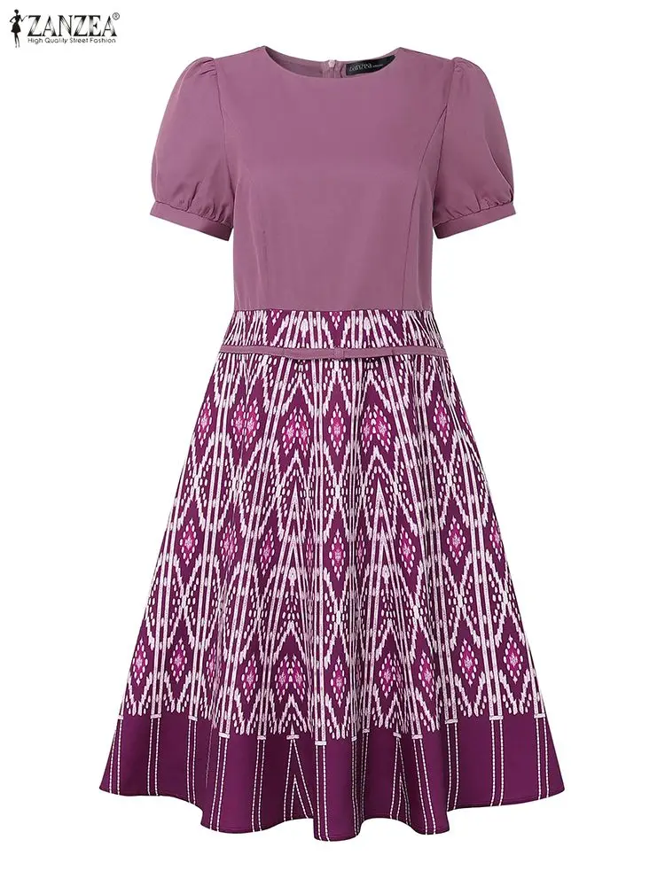 Sukienki damskie w stylu vintage ZANZEA z nadrukiem na rok 2025, eleganckie sukienki na imprezę, letnie sukienki z krótkim rękawem, długa koszula, szata, bufiaste rękawy, sukienka w kształcie litery A, sukienka letnia.