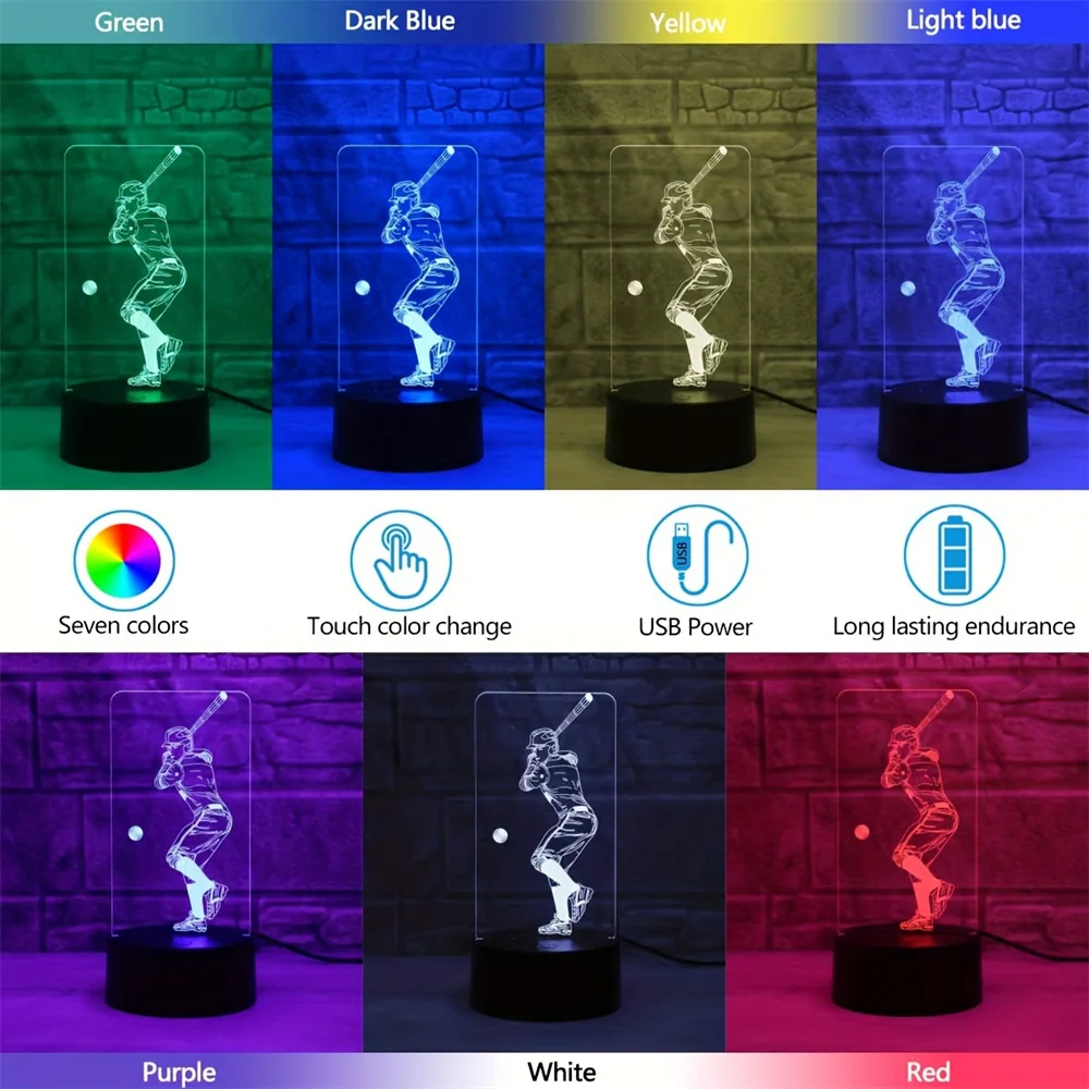 Baseball Player 3D Night Light LED Touch Illusion Light 7/16 Colors Changing USB Table Lamp for Home Office Desk Decoration Gift