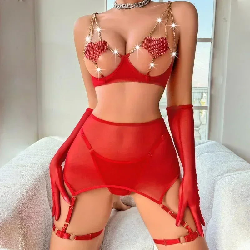 Chuangerm sexy Netz erotische rote Dessous ins ausgesetzt Brust Liebes kette sexy durchsichtige Mesh fünfteilige Sets weibliche nur Fans Kit