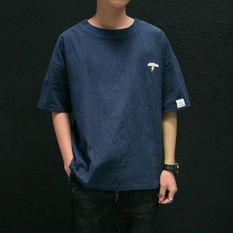 

Мужская льняная футболка свободного кроя больших размеров, однотонная, из хлопка и льна, с коротким рукавом, традиционная китайская одежда, топы для мужчин CN-255