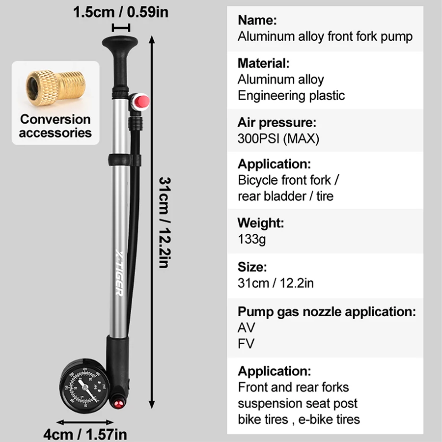 X-TIGER Portable High-pressure 300psi Bike Air Pump with Gauge for Fork & Rear Suspension Shock Absorber Mountain Bike Universal