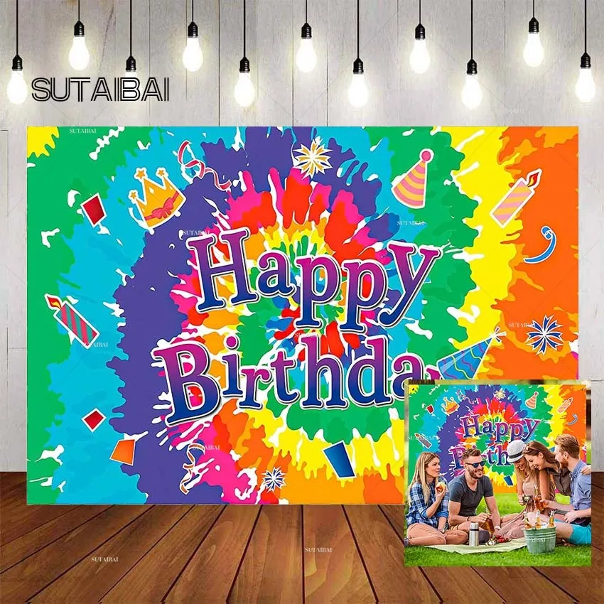 

Tie Dye Happy Birthday Backdrop Rainbow Birthday Decorations Banners Sign Extra Colorful Happy Birthday Background for Birthday