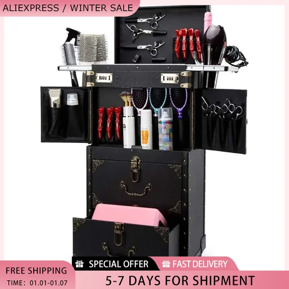 Rolling Lockable Makeup Train Case Hairdressing Trolley Stylist Beauty Salon Cosmetic Luggage Travel Organizer Tool Box