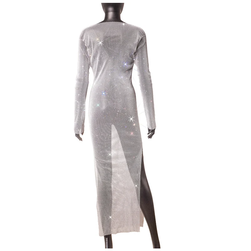 Hochwertiges langes Kleid für Damen mit funkelnden Strass-Steinen, Fischnetz, Rundhalsausschnitt, lässiges Tanzkleid, ausgehöhlt, für Nachtclub-Partys – Detail 14