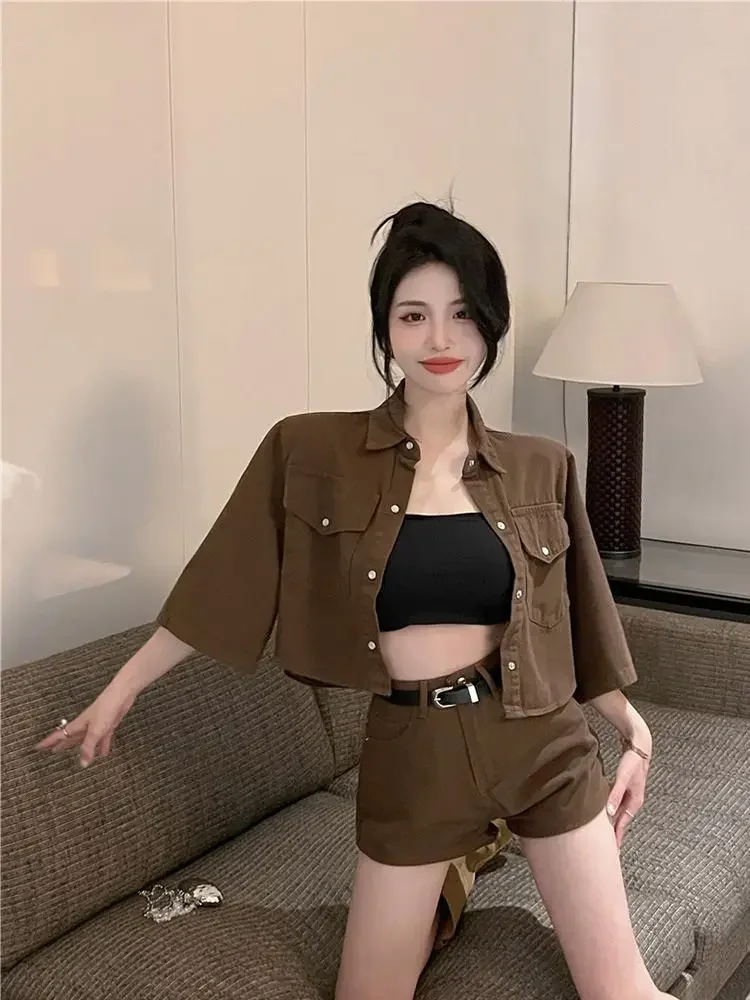 

Cotton Brown With Jacket Short Sets for Women 2 Pieces Pocket Korean Style Top and Bottom Ensembles Luxury Stylish Woman Shorts