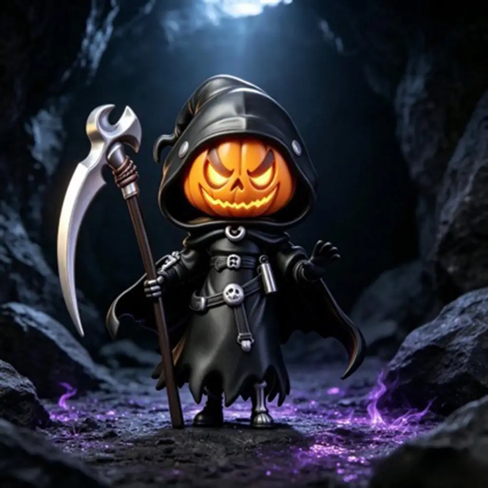 Spooky Pumpkin Collectibles Halloween Pumpkin Reaper Statue Resin Hooded Pumpkin Ornament Black Robe Figurine with for Home
