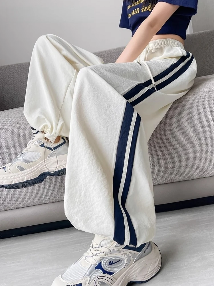 

Ice Silk Quick Dry Stripe Work Pants Women Summer Thin Loose Straight Leg Wide Leg Pants American Style Casual Sports Pants