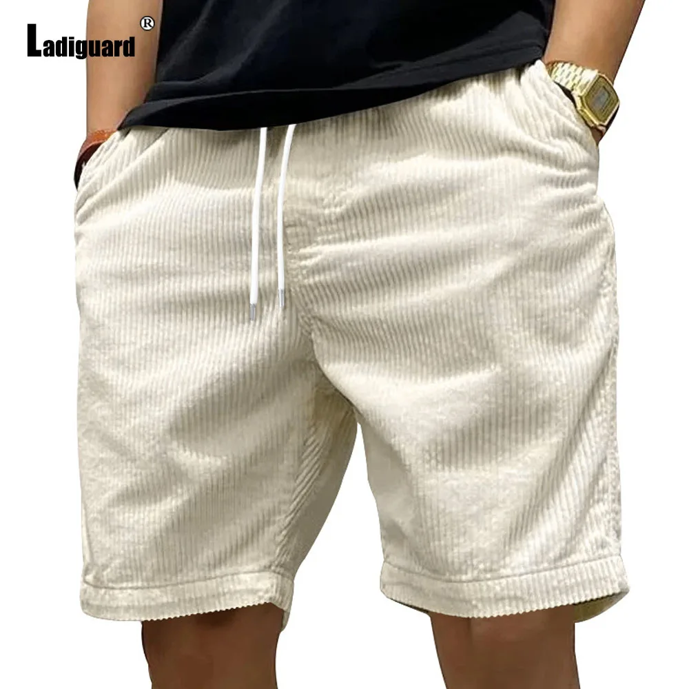 Ladiguard Men Casual Corduroy Shorts Yellow Apricot Beach Shorts Plus Size Male Drawstring Half Pants Sexy Mens Clothing 2024