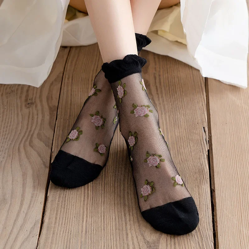 1 Pair Women Flower Sock Summer Lace Crystal Glass Silk Socks Short Thin Transparent Roses Jacquard Elastic Ultra Thin Socks