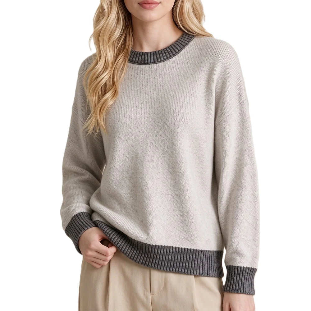 Loose Knit Pullover Sweater for Women Color Block Design Ribbed Fabric Round Neck Regular Length Spring to Winter