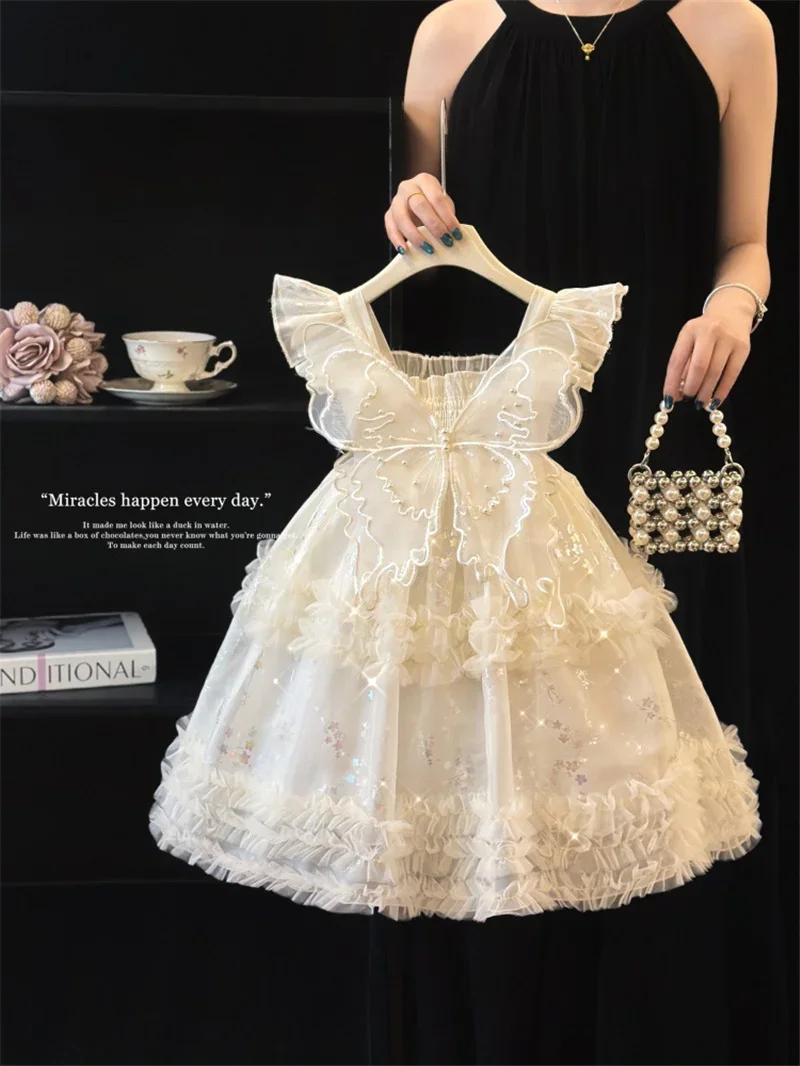 

Новое красивое модное пышное платье с крыльями бабочки, детское белое сетчатое платье, детская одежда, платье принцессы с тортом для девочек 3-12 лет