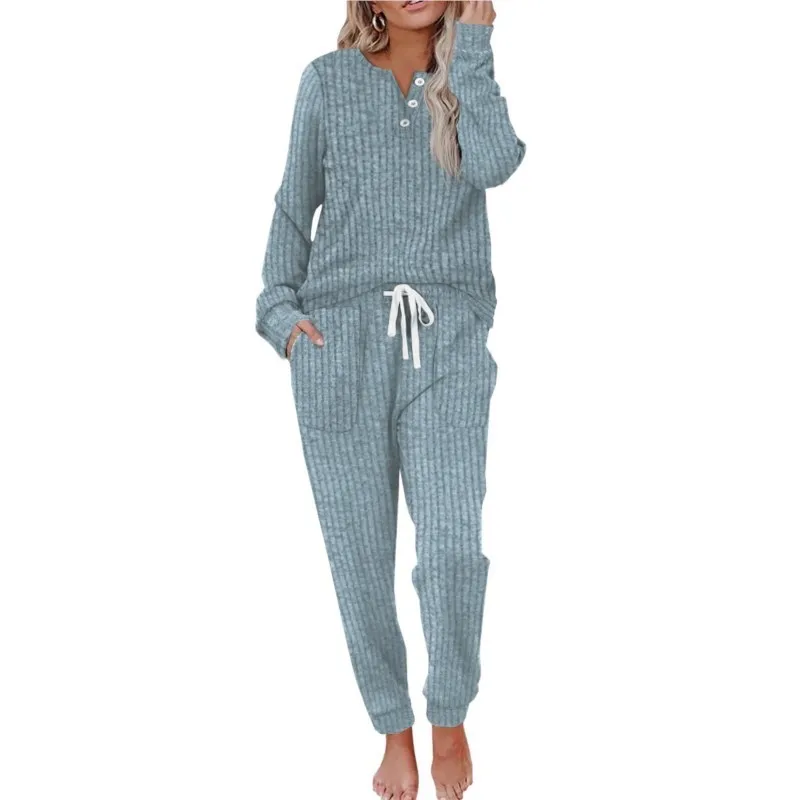 Casa casual feminino 2 peça conjunto 2025 outono inverno malhas calças terno pijamas com nervuras conjunto homewear loungewear outfits