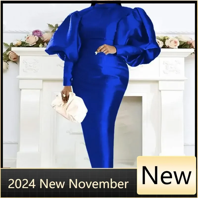 Elegant Women Maxi Dress Long Sleeve Satin Silk Sundress 2025 Autumn Stand Collar Solid Color Casual Loose Vestidos Robe