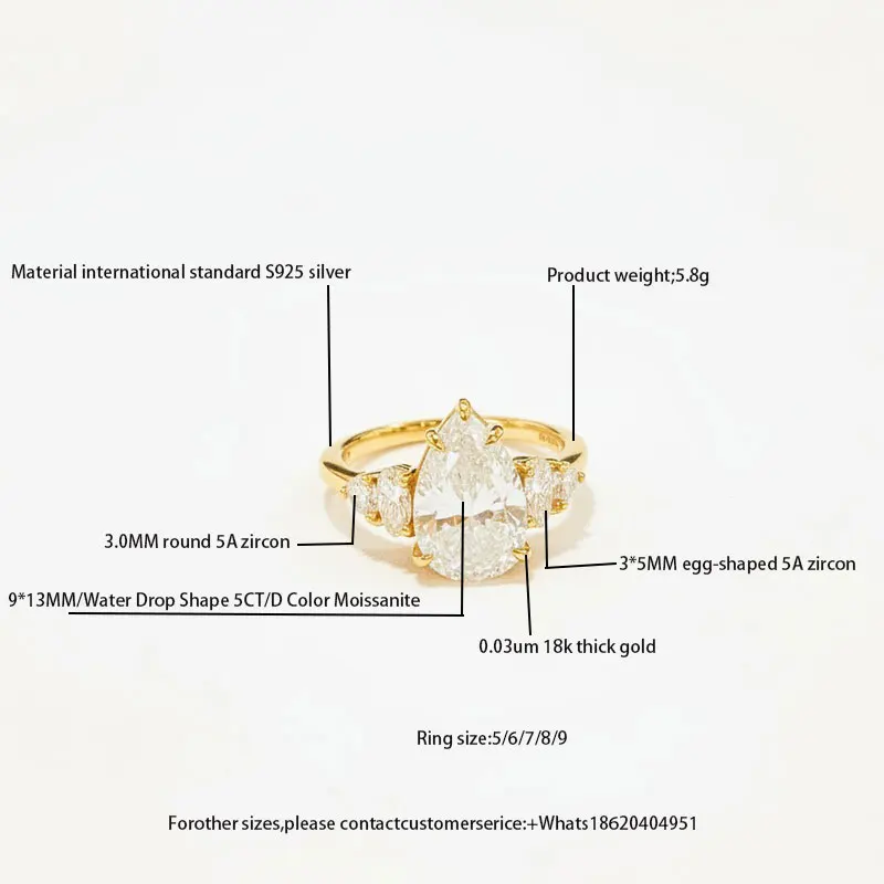 

Moissanite Ring for Women, S925 Sterling Silver 18K Gold Plated 3-Stone Statement Ring9*13MM Pear (Water Drop) Shape 5CT D Colo