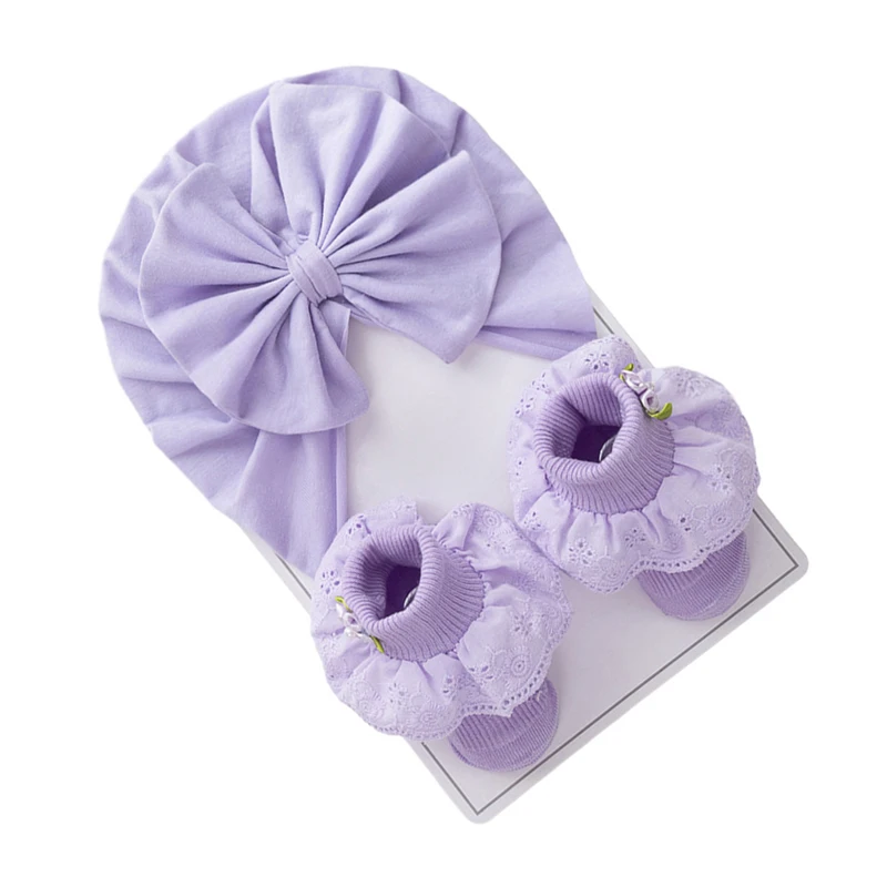 Adorable Baby Girl Headband and Booties Set Stylish Bowknot Turban Headband with Lace Detailing Socks Infant Gift