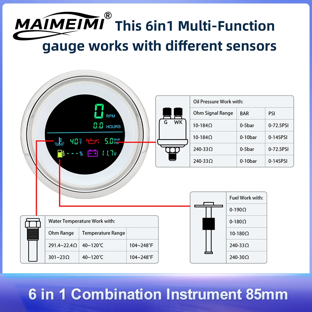 

Универсальный 85-мм прибор 6-в-1 для лодок и автомобилей: тахометр, уровень топлива, температура воды, давление масла, вольтметр, счетчик моточасов, ЖК-дисплей