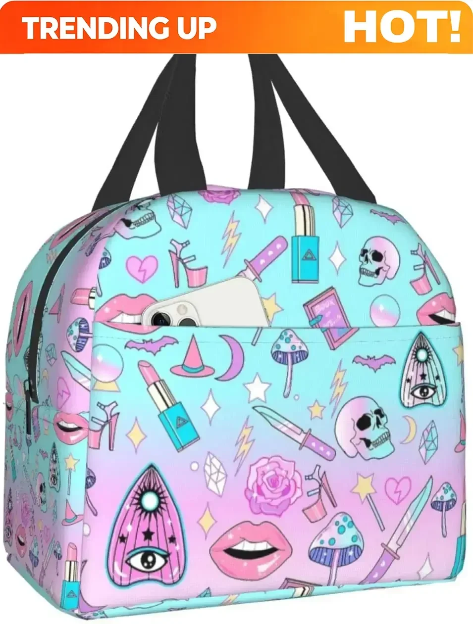 Custom Bag Custom Lunch Bag Pastel Witch Goth Witchy For Women Insulated Portable Lunch Box With Front Pocket For Work Reusable