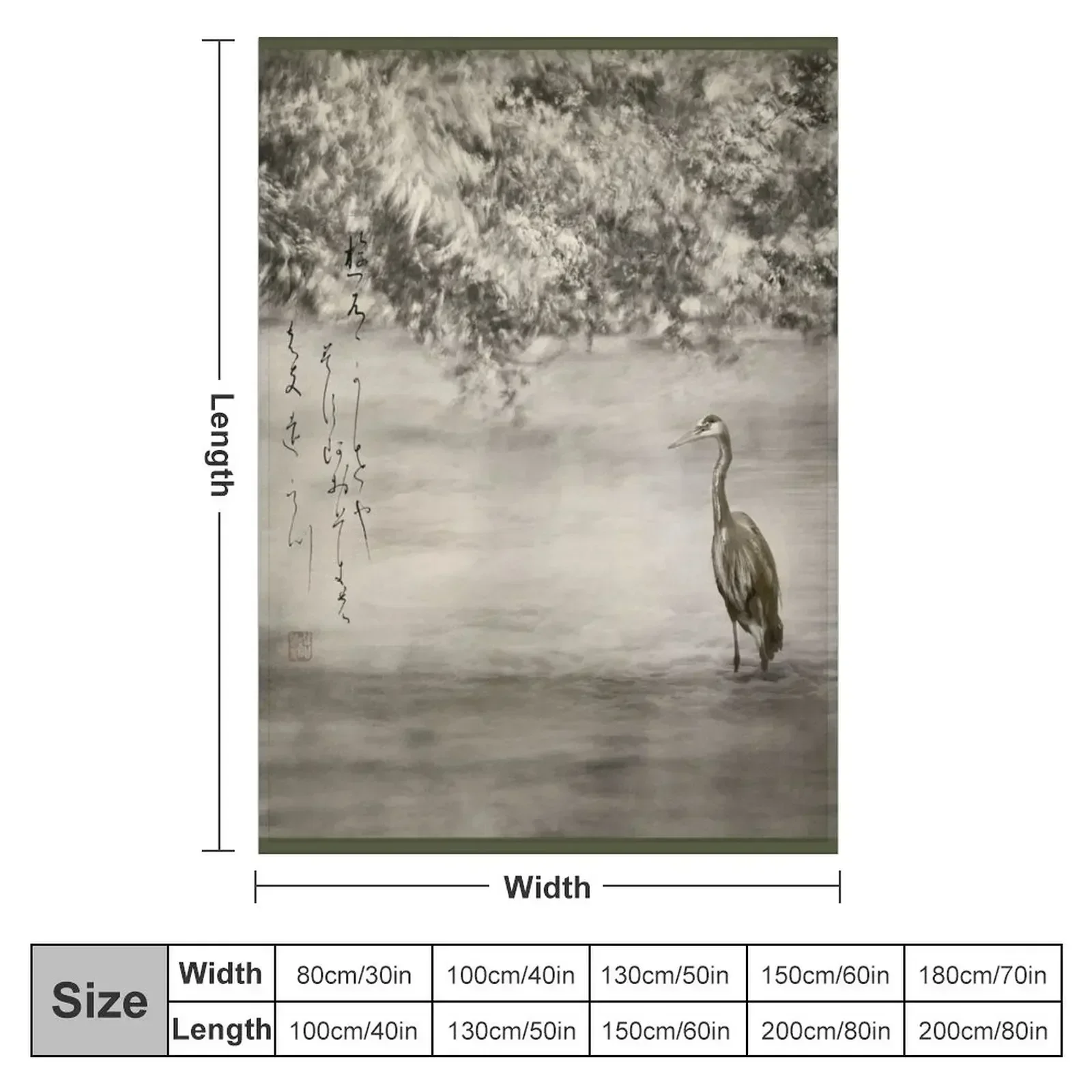 Pond and Heron Poetry Haiga - Haiku yuu kaze ya Throw Blanket Travel Bed linens Moving Cute Blankets