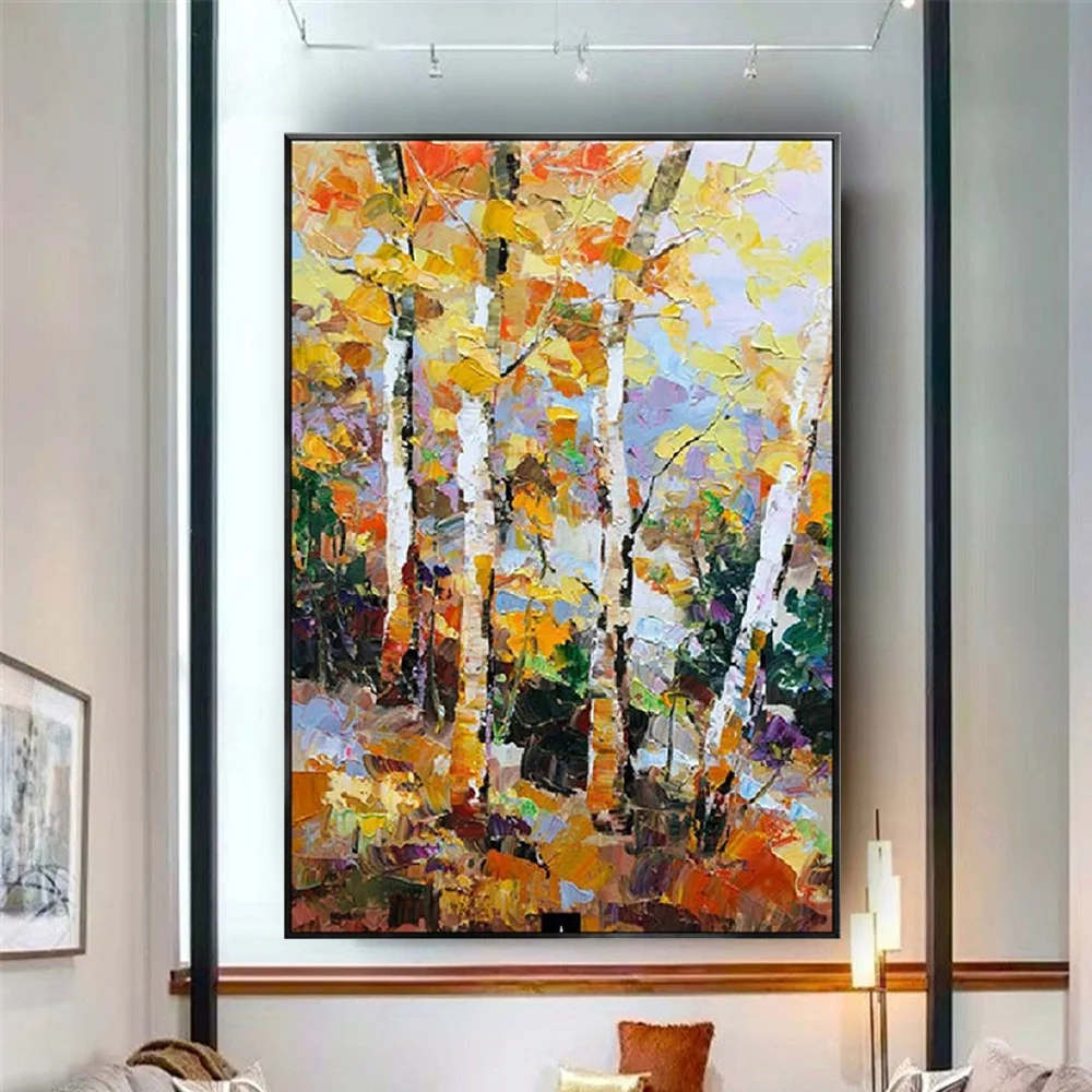 Latest Landscape Knife Thick Modern Oil Painting Hand-Painted Wall Art Birch Tree Canvas Picture For Living Room Decor Image