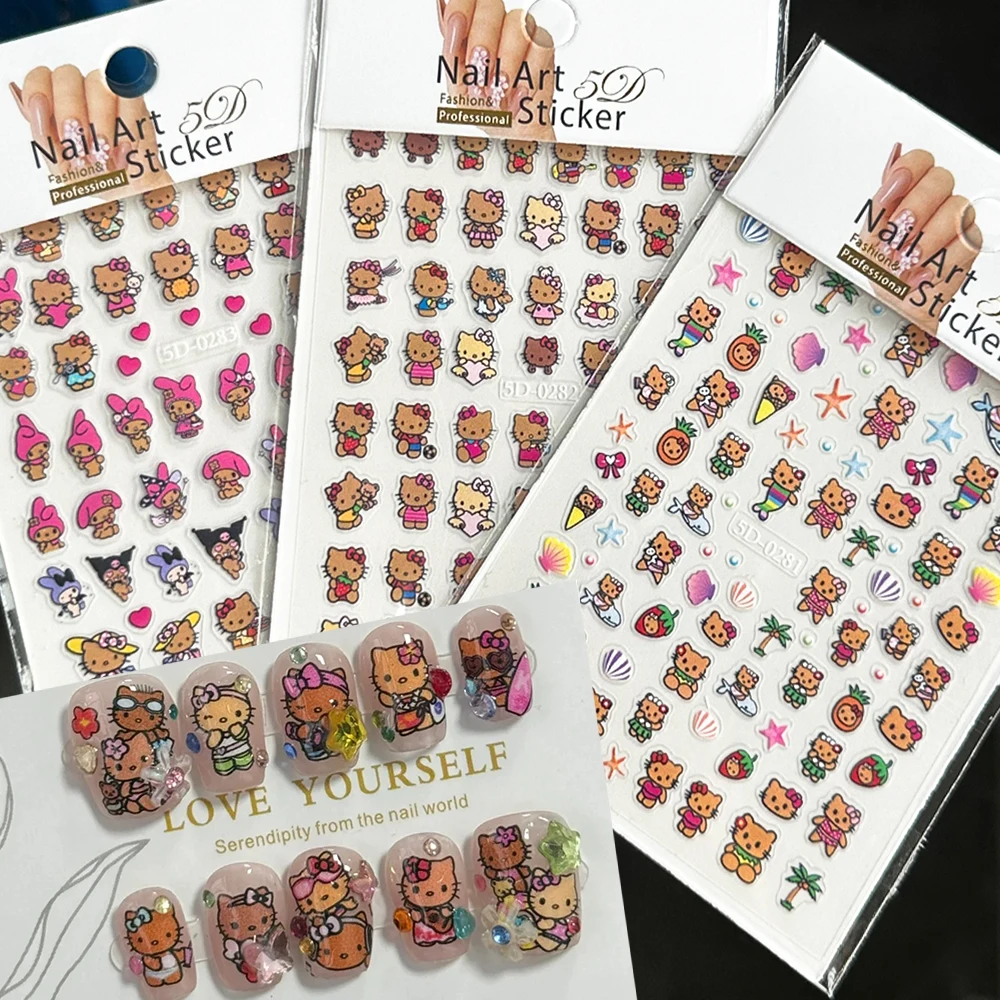

2/3Pcs 5D Hawaii Tanning Hello Kitty Melody Nail Sticker Cartoon Vacation Kitty Cat Nail Decals Mermaid Kitty Girls Nail Decorat