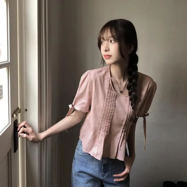 

Elegant Chic Short Sleeve Shirt Women's Simple Folded Sleeve Belted Slimming Top Trendy Breathable Polyester Fiber