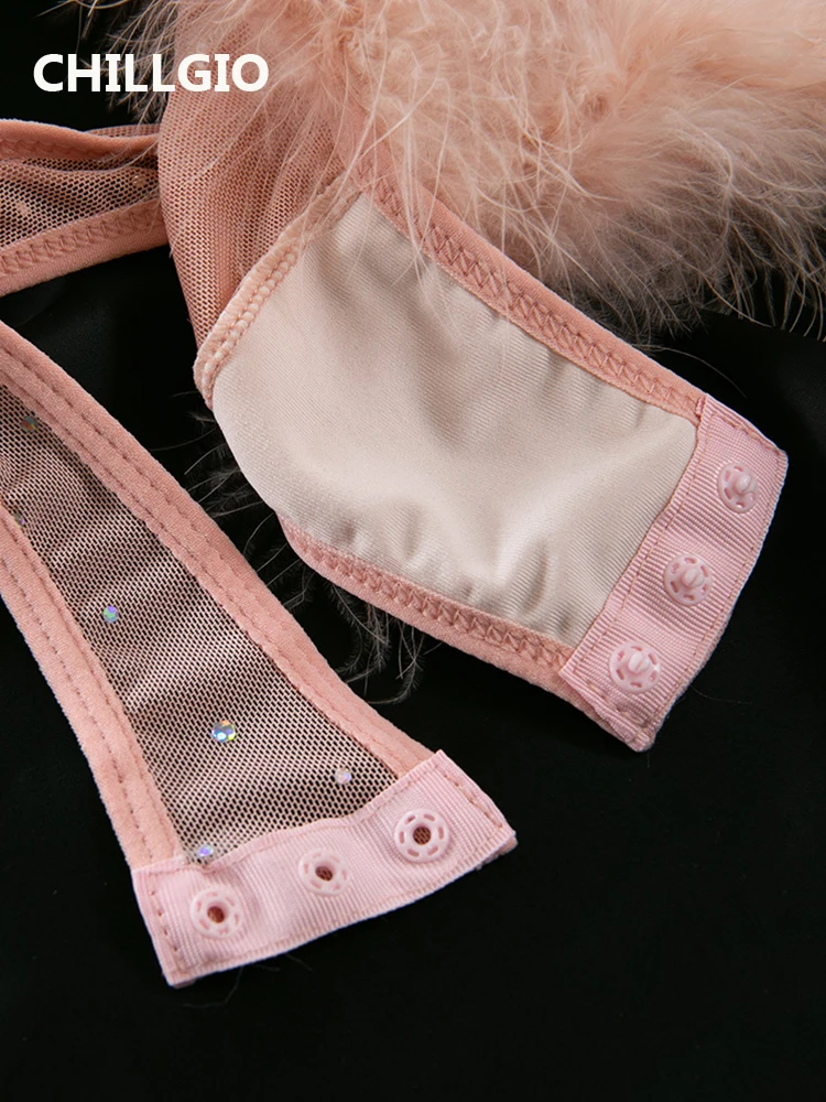 CHILLGIO ผู้หญิง Glitter Sequined Feather ตาข่ายบอดี้สูท Push Up Underwire Onesie ถุงมือโปร่งใสเซ็กซี่ One Piece Strappy Rompers