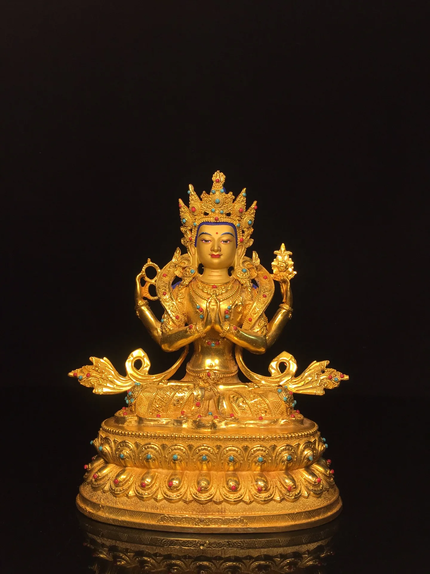 Old Bronze Gilded Painted Face Mosaic Gem Four armed Guanyin Double Lotus Buddha Terrace Amitabha Buddha